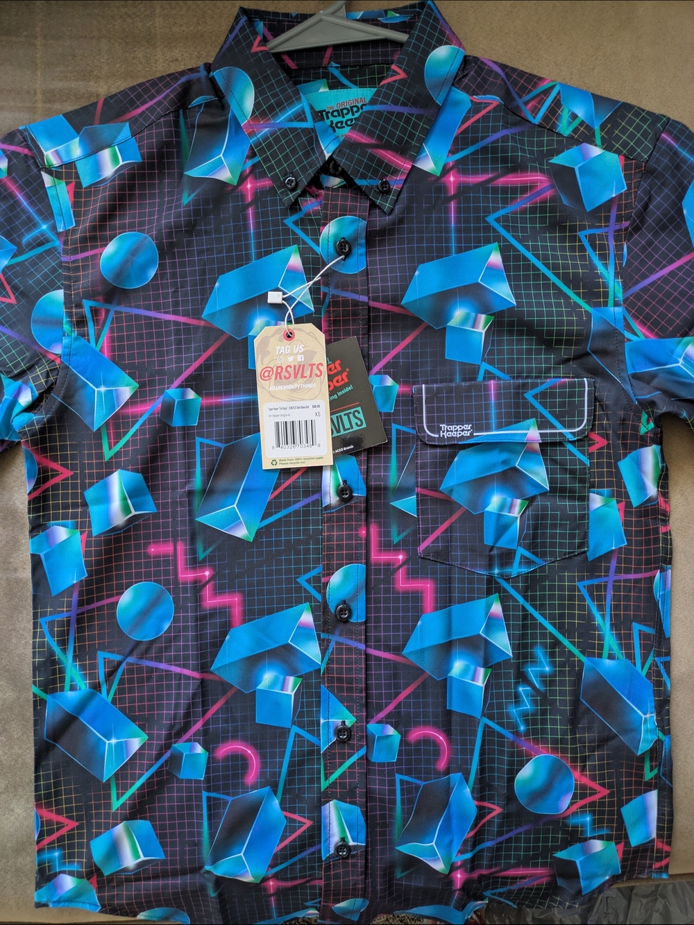 RSVLTS Trapper Keeper Retro Short-Sleeve Button-Down with Blue & Pink Geo Print